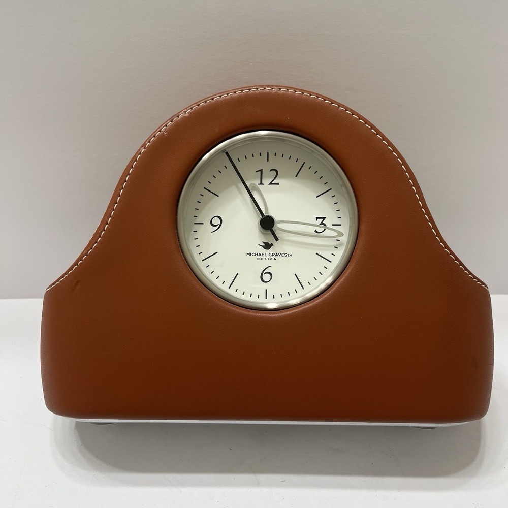 Michael Graves Leather Desk/ Mantle Clock C1211, 2012 Tested 6"TX 8.5"L 2.5"W